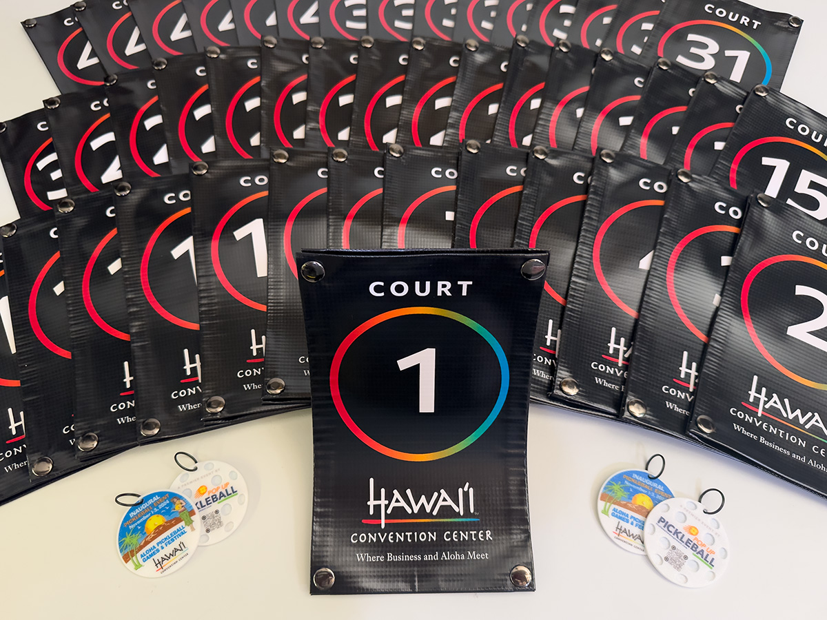 Bulk order of custom printed pickleball court number signs for the Hawaii Convention Center, numbered Court 1 through 31